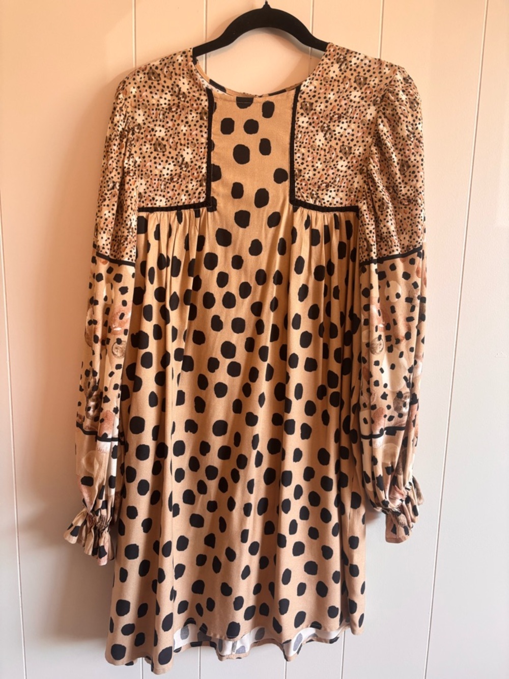 Polka Dot Tan and Black Babydoll Dress